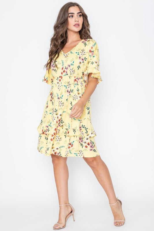 Floral V Neck Ruffle Dress