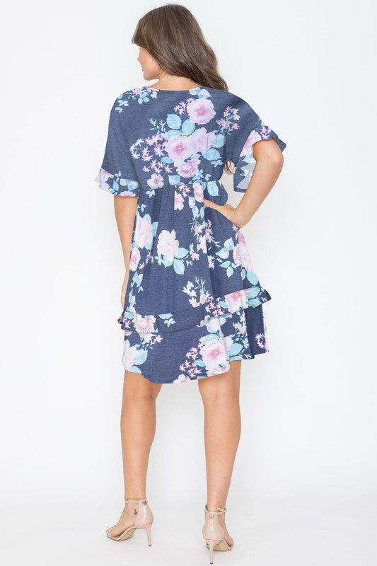 Floral V Neck Ruffle Dress