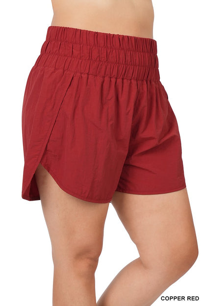 Plus- Tummy Control Smocked Waist Windbreaker Shorts for Running and Leisure Wear