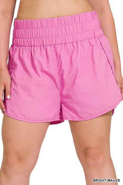 Plus- Tummy Control Smocked Waist Windbreaker Shorts for Running and Leisure Wear