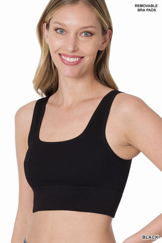 Ribbed Square Neck Cropped Tank Top with Bra Pads