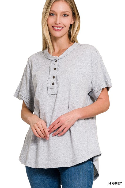 Raw Edge Detailed Button Closure Short Sleeve Top