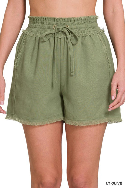 Linen Frayed Hem Drawstring Shorts with Pockets