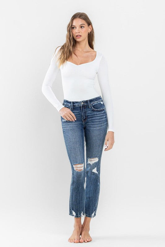 Mid Rise Distressed Crop Slim Straight Jeans