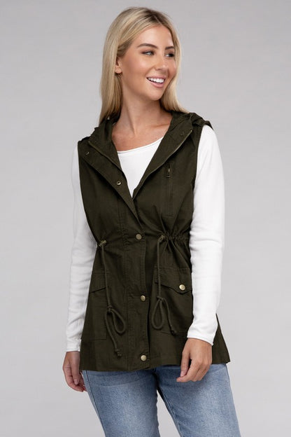 Drawstring Waist Military Hoodie Vest