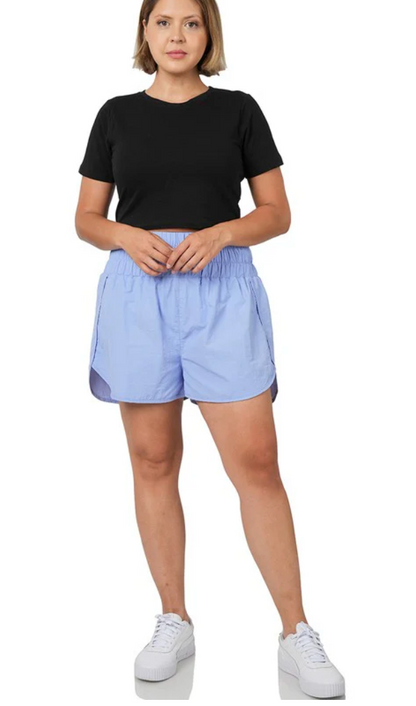 Plus- Tummy Control Smocked Waist Windbreaker Shorts for Running and Leisure Wear